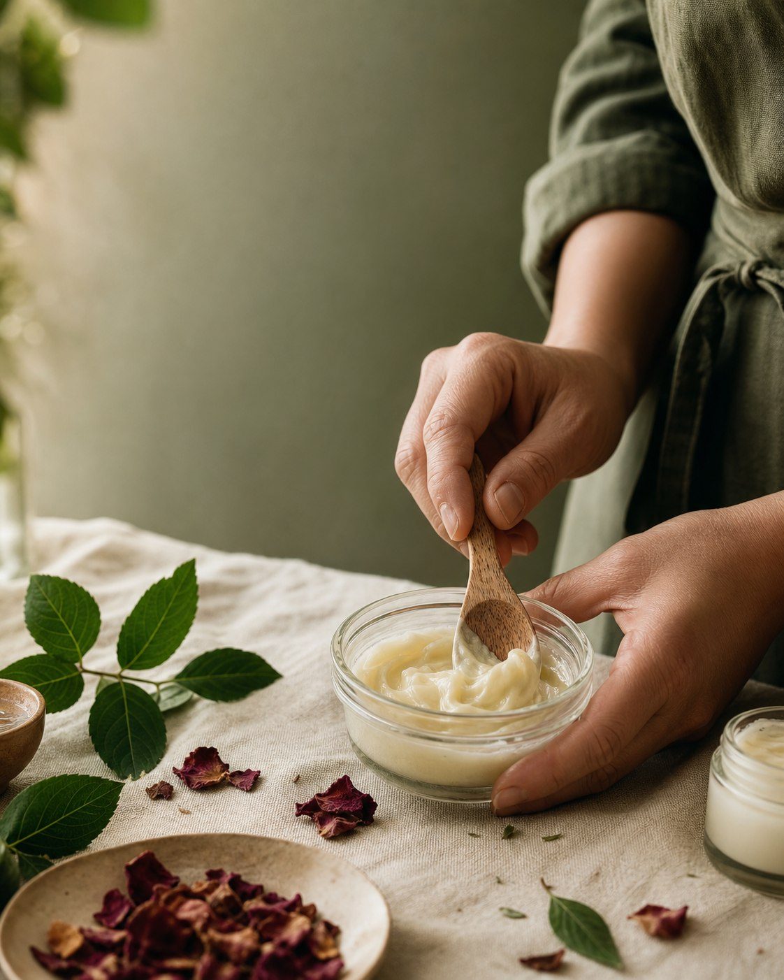 Artisan hands blending botanical cream