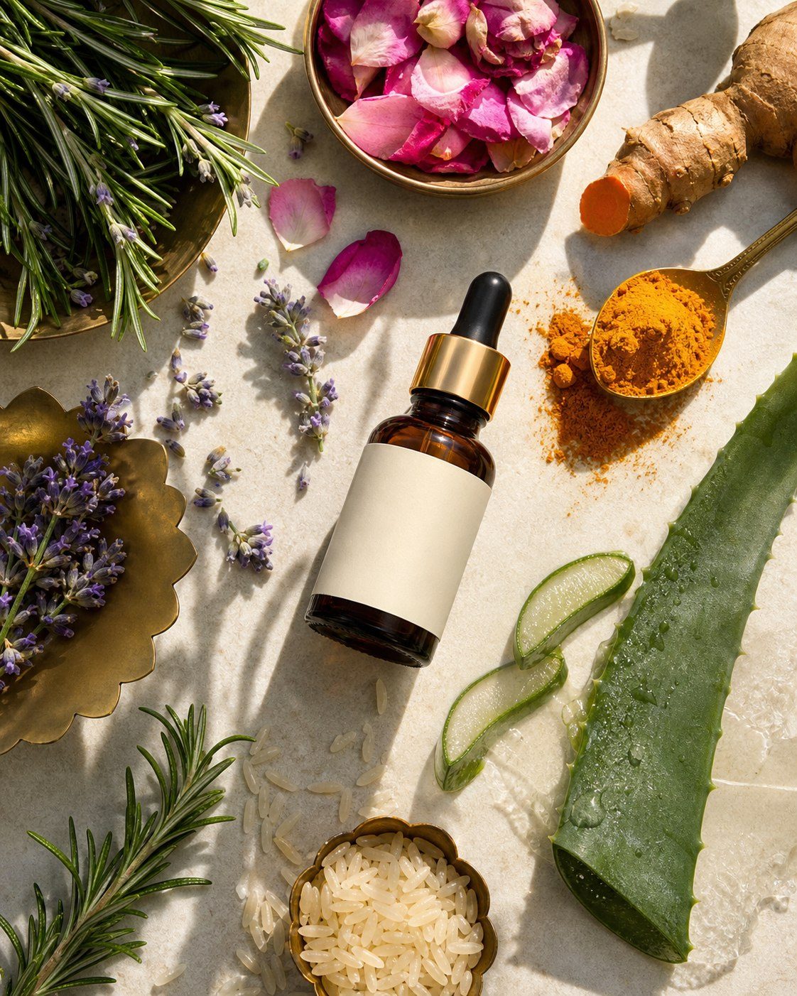 Botanical ingredients arranged with elixir bottle