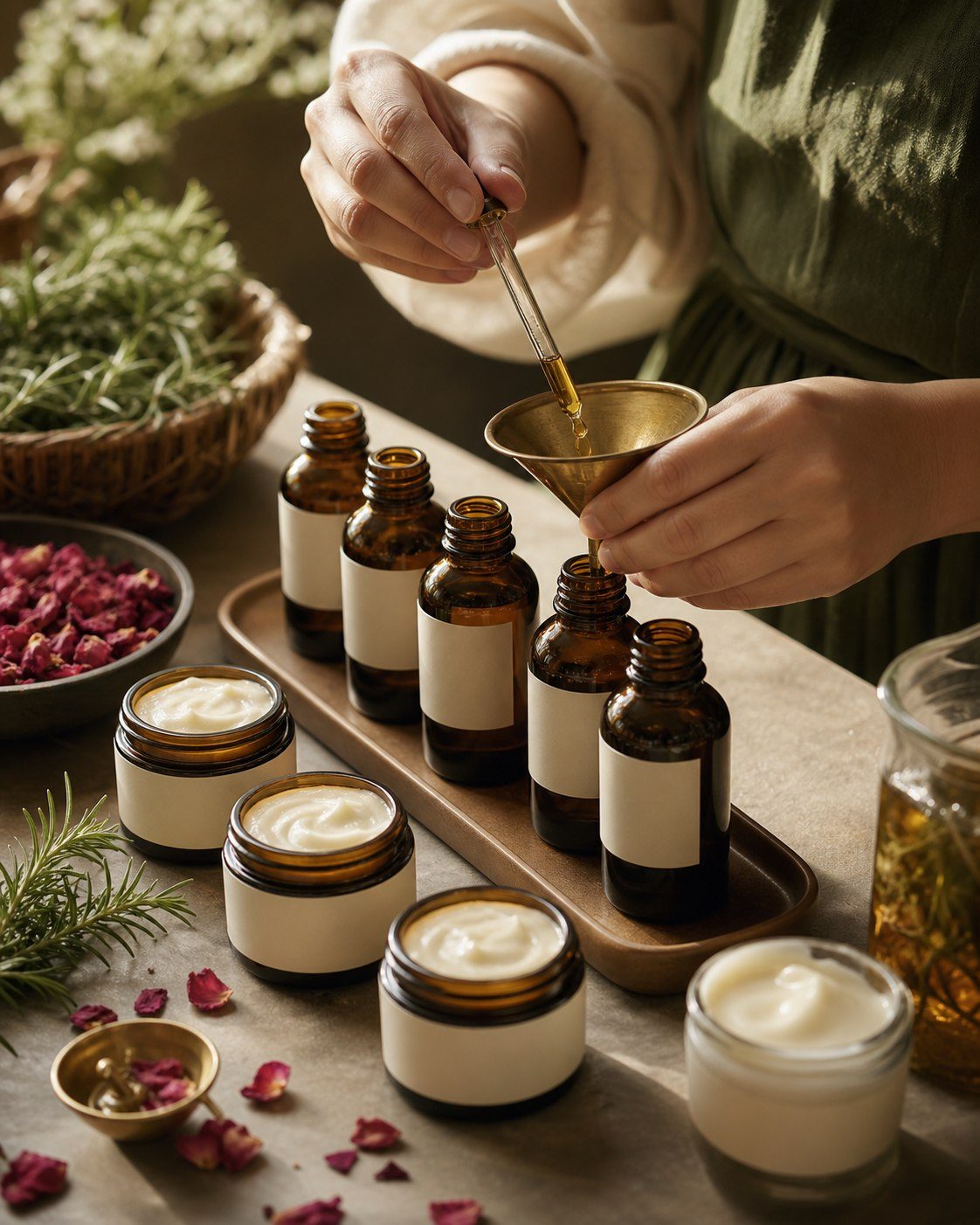 Artisan hands carefully bottling a golden botanical elixir in a small batch