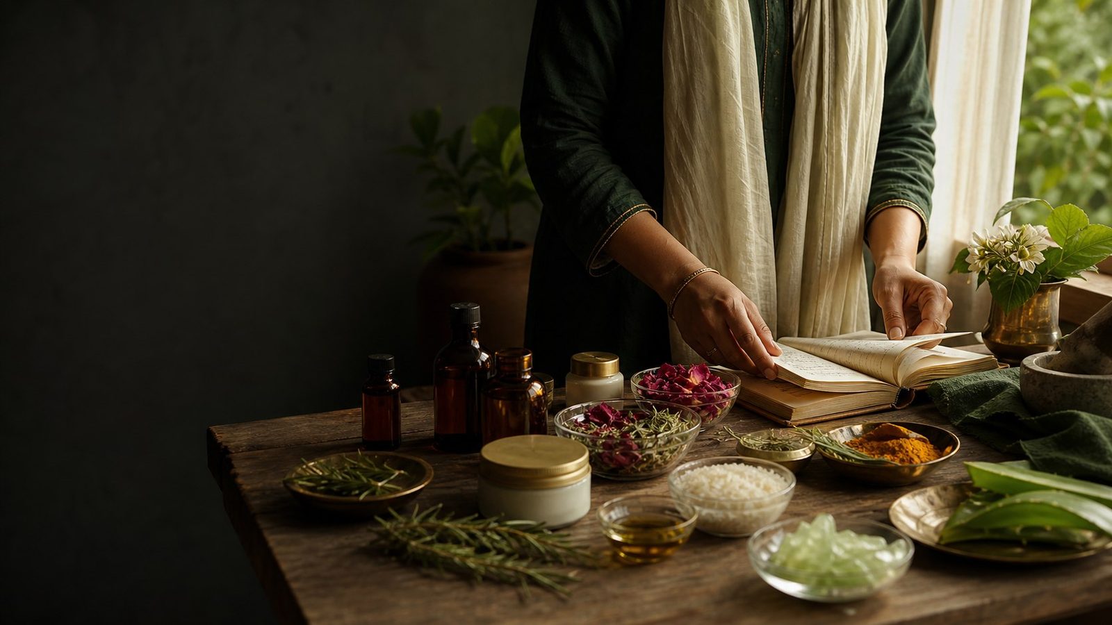 An artisan at a home worktable reviewing botanical formulas with rose, rosemary, turmeric, rice and aloe