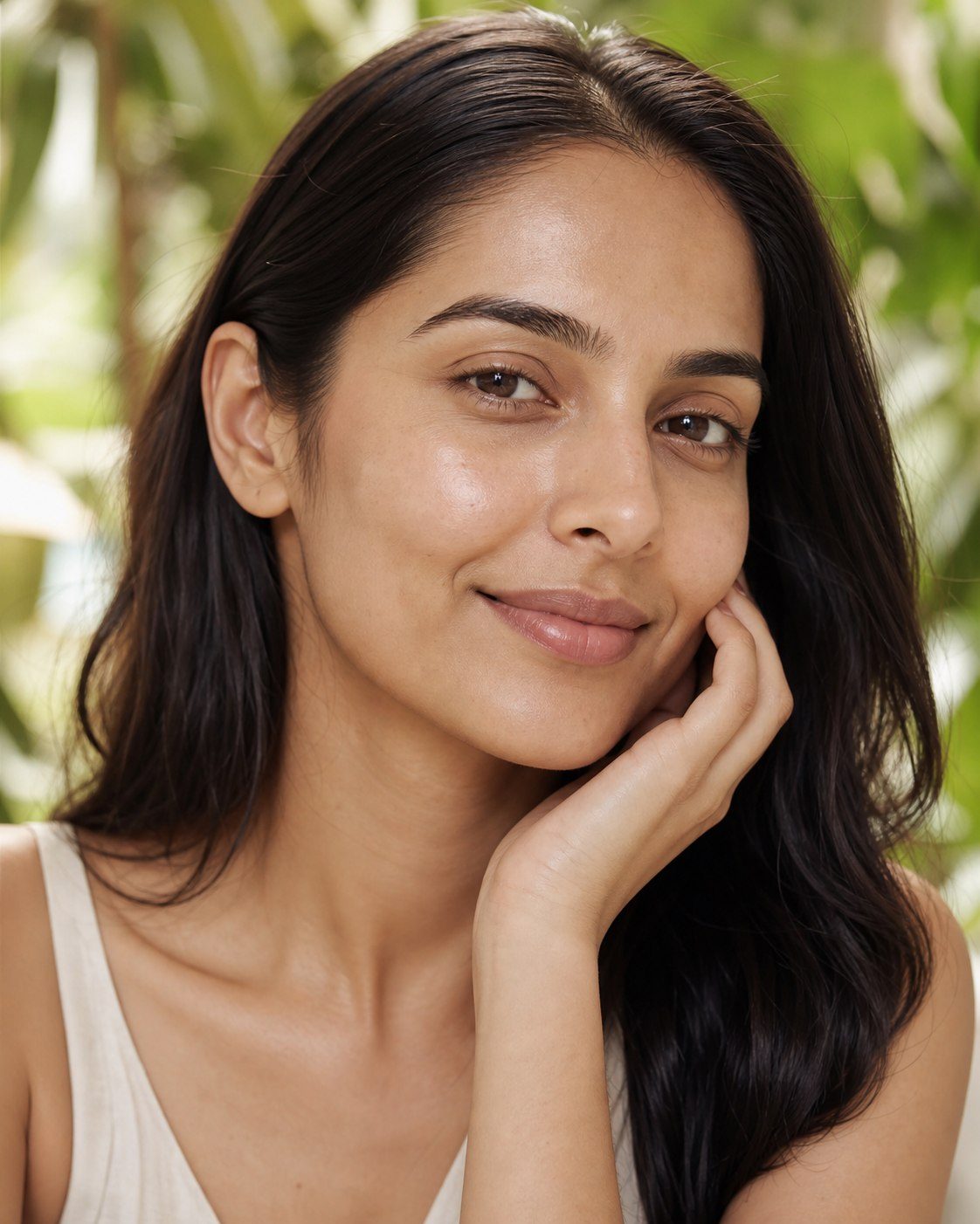 Radiant skin in soft botanical light